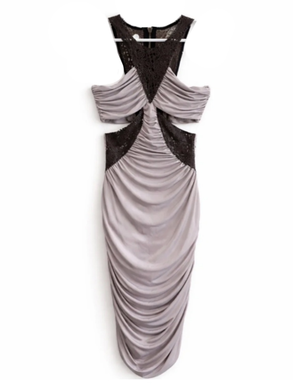Y2K bebe Taupe & Brown Laser Cut Leather Ruched Bodycon Dress - Size Large